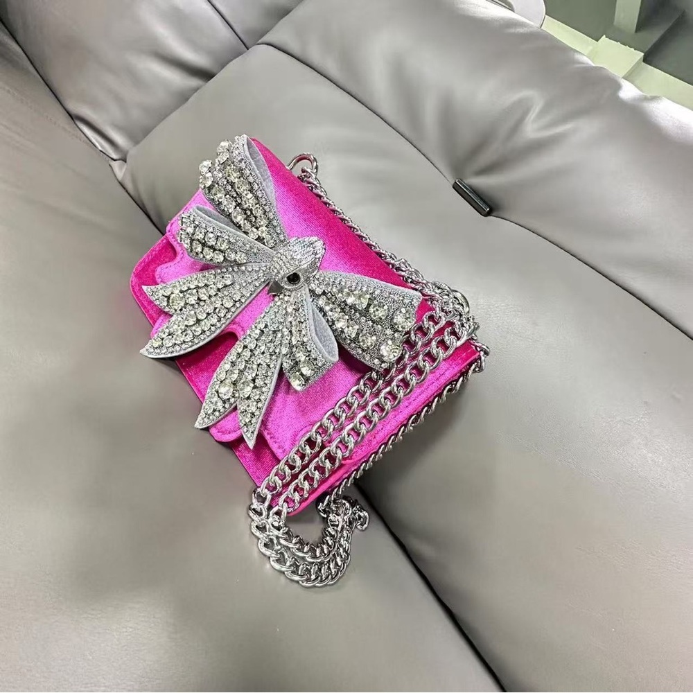 Kurt Geiger Hot Pink Velvet Crossbody with Crystal Bow